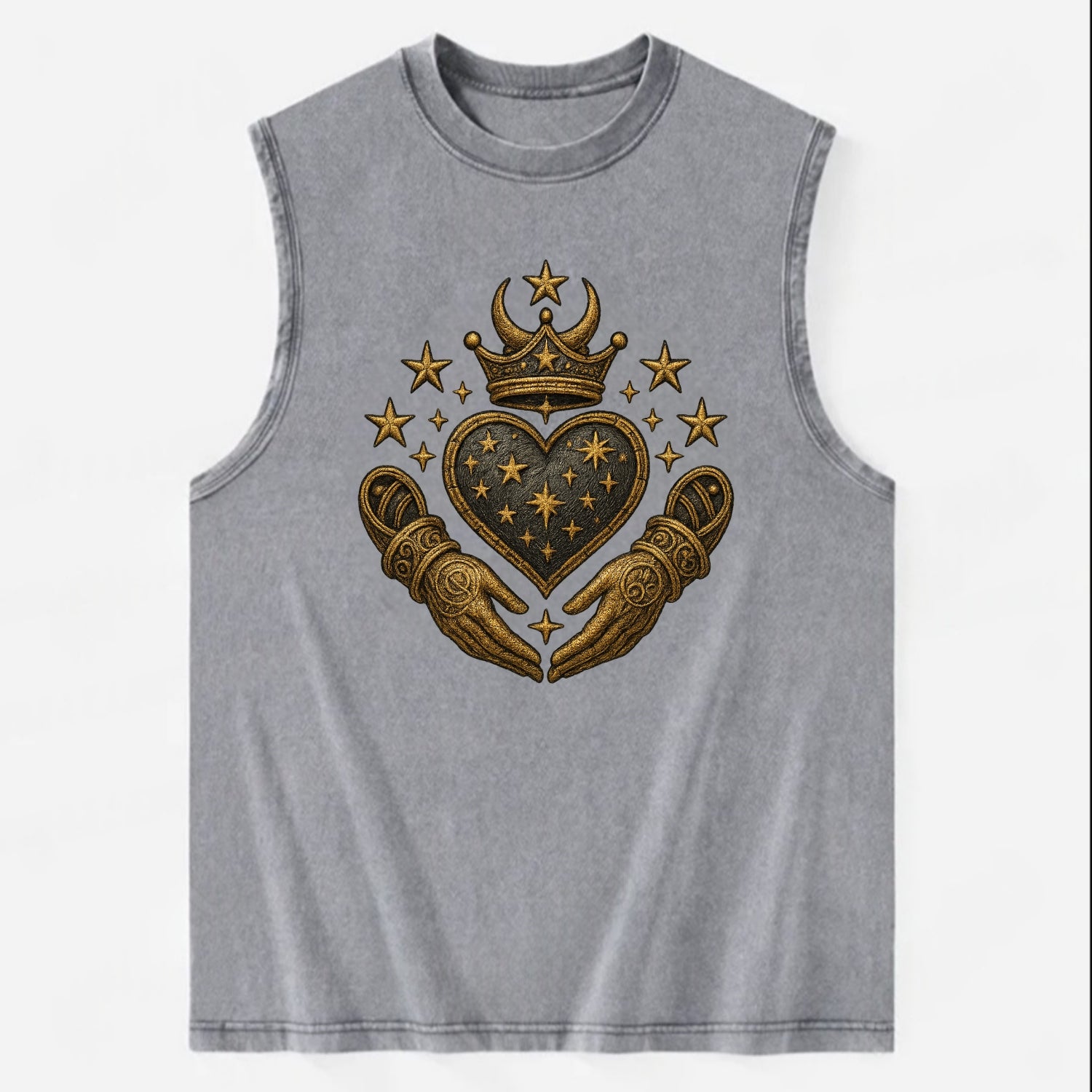 Weathered antique brass crown above a hammered gunmetal heart framed by - Vintage Washed Tank - Grey