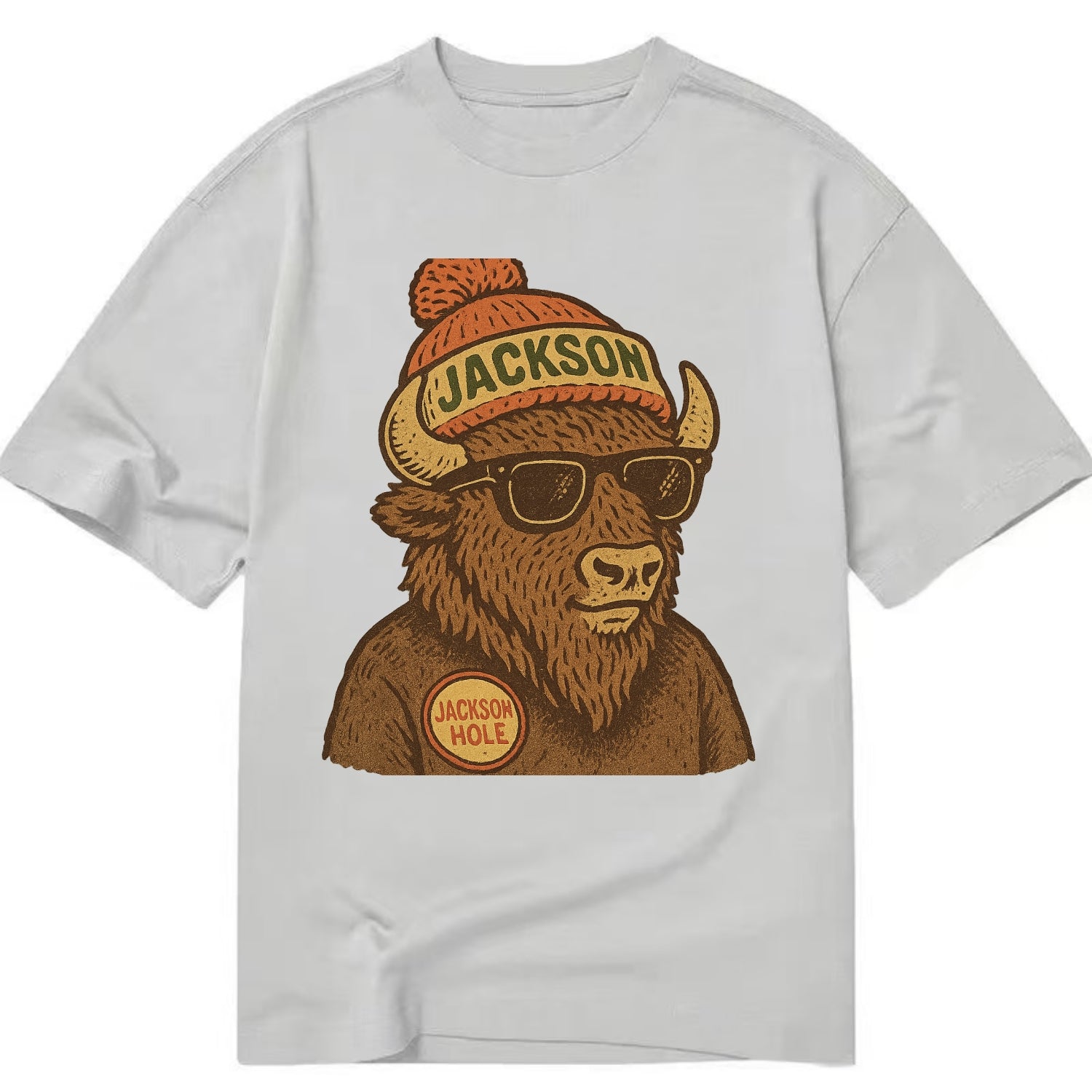 Jackson Hole Bison wearing Jackson beanie with pom pom and wayfarer sunglasses - Classic T-shirt - Grey