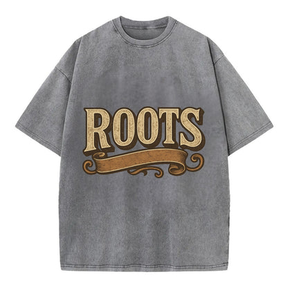 Bold typography design - "ROOTS" - where you come from, heritage - Vintage T-shirt - Grey