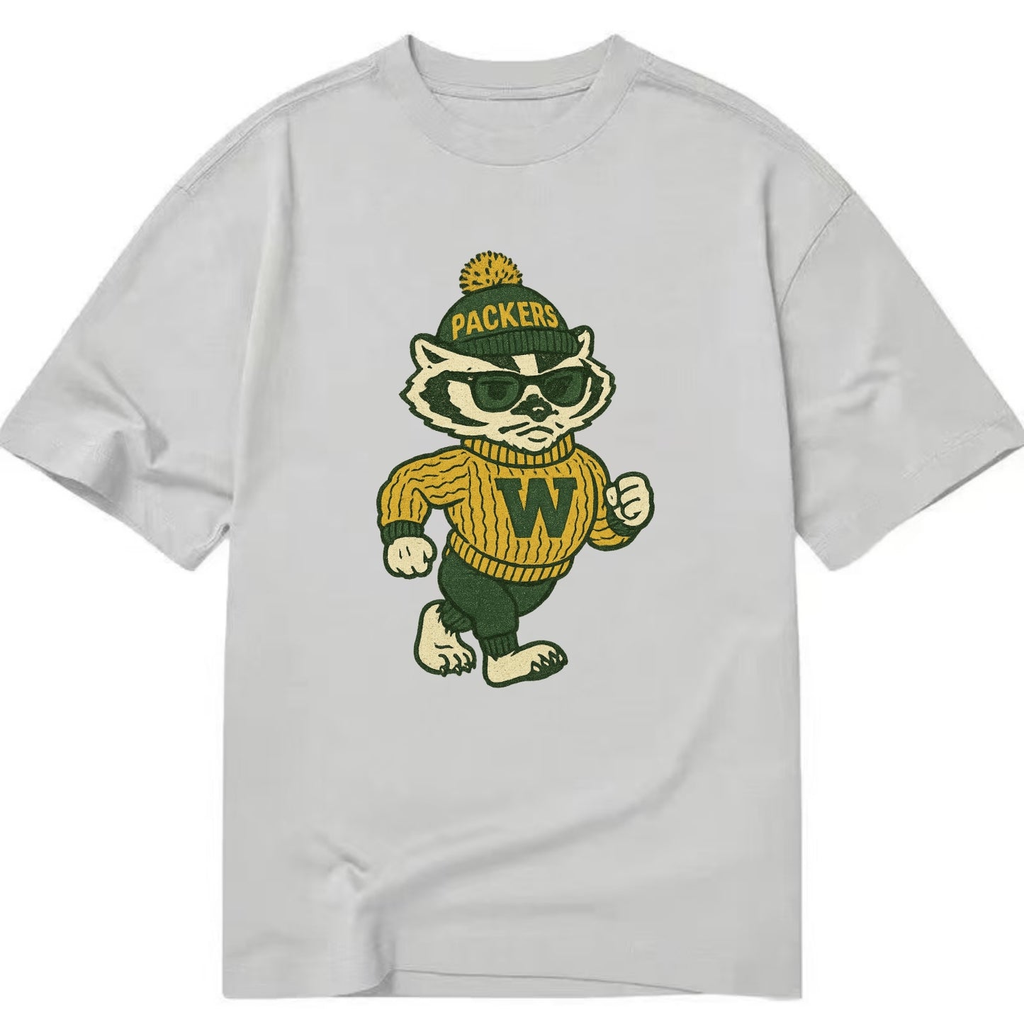 Wisconsin Badger wearing Packers green and gold beanie with pom pom and wayfarer - Classic T-shirt - Grey