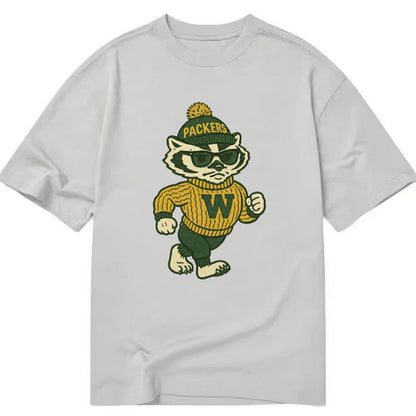 Wisconsin Badger wearing Packers green and gold beanie with pom pom and wayfarer - Classic T-shirt - Grey