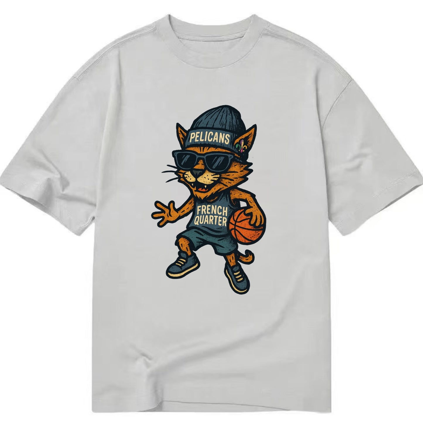 French Quarter Cat wearing Pelicans beanie with Mardi Gras patch and wayfarer - Classic T-shirt - Grey