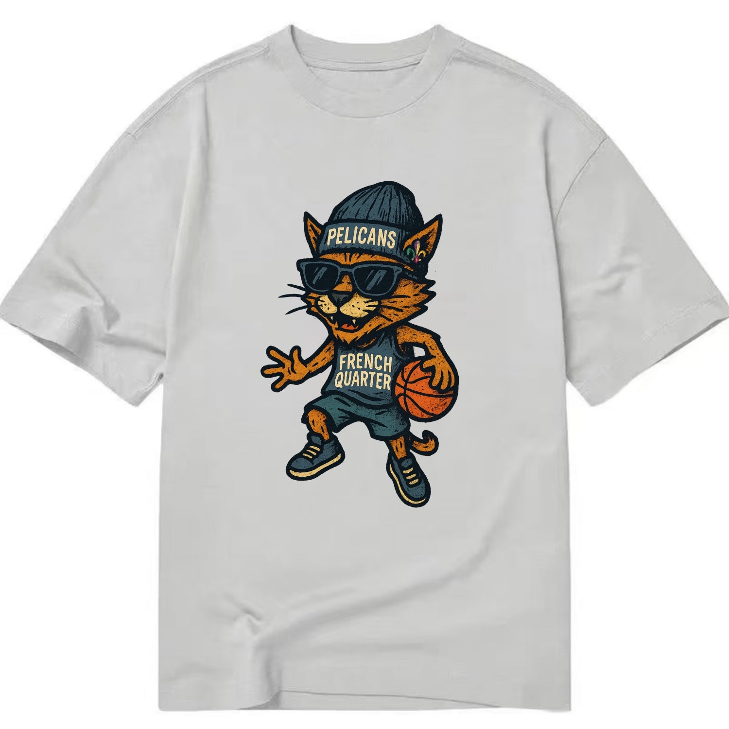 French Quarter Cat wearing Pelicans beanie with Mardi Gras patch and wayfarer - Classic T-shirt - Grey
