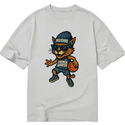 French Quarter Cat wearing Pelicans beanie with Mardi Gras patch and wayfarer - Classic T-shirt - Grey