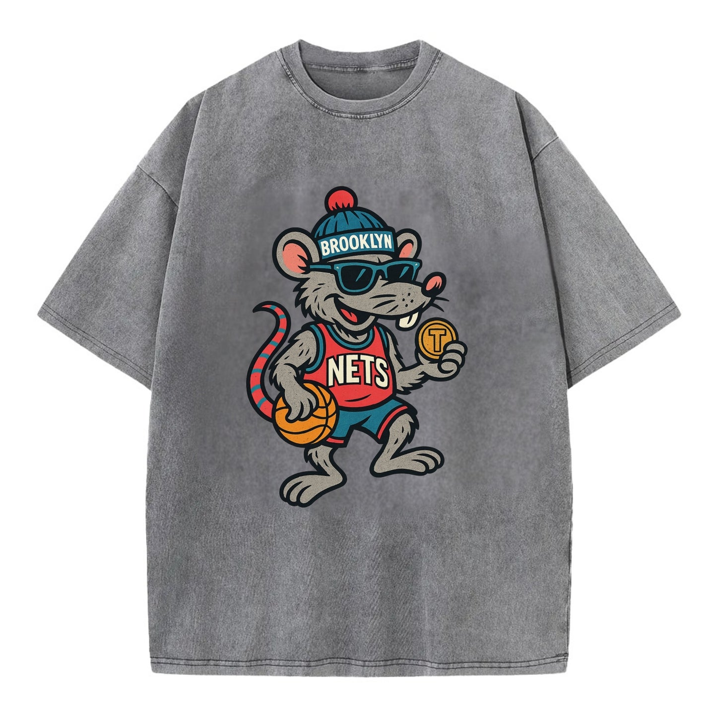 Brooklyn Rat wearing Nets beanie with subway token and wayfarer sunglasses - Vintage T-shirt - Grey