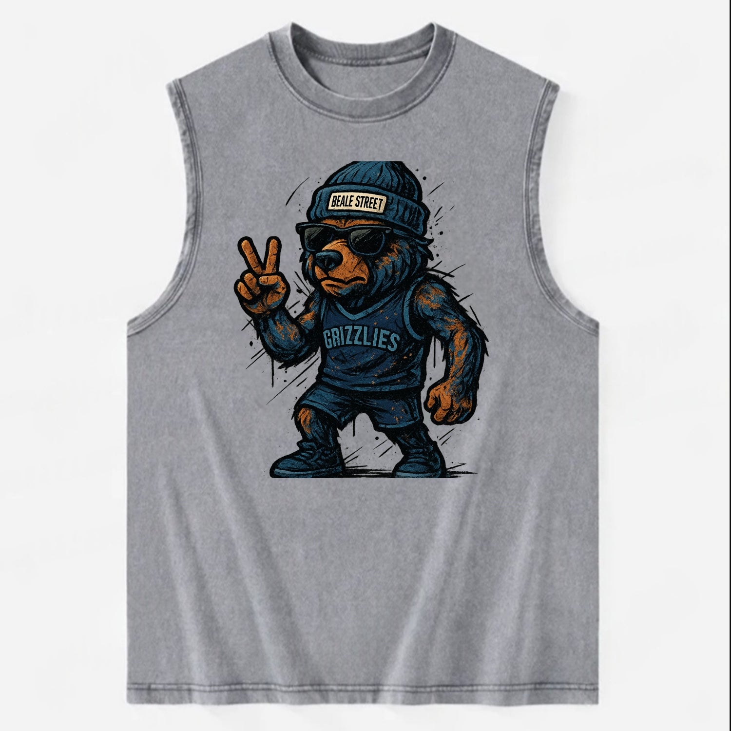 Memphis Grizzly Bear wearing Grizzlies navy and light blue beanie with Beale - Vintage Washed Tank - Grey