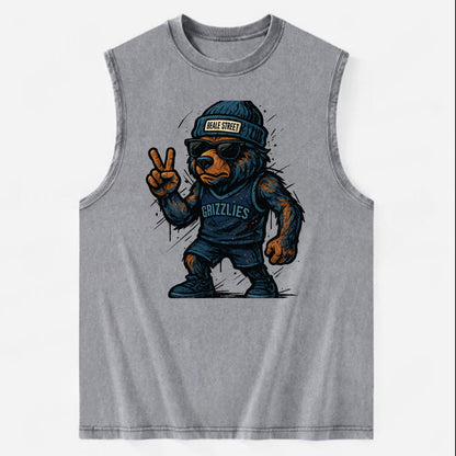 Memphis Grizzly Bear wearing Grizzlies navy and light blue beanie with Beale - Vintage Washed Tank - Grey