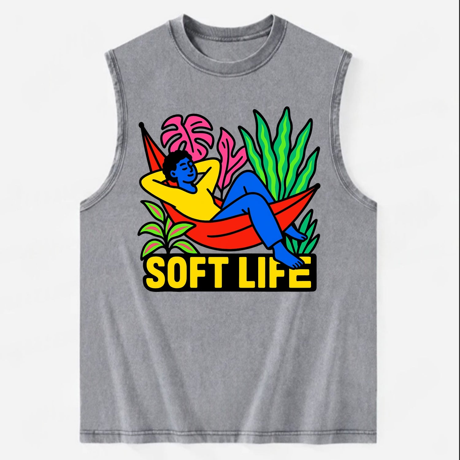 Person relaxing in hammock with plants - "soft life" aesthetic, peaceful - Vintage Washed Tank - Grey