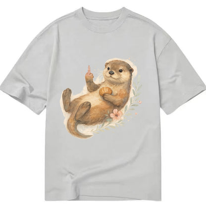 adorable otter floating on back, middle finger up while holding a shellfish - Classic T-shirt - Grey