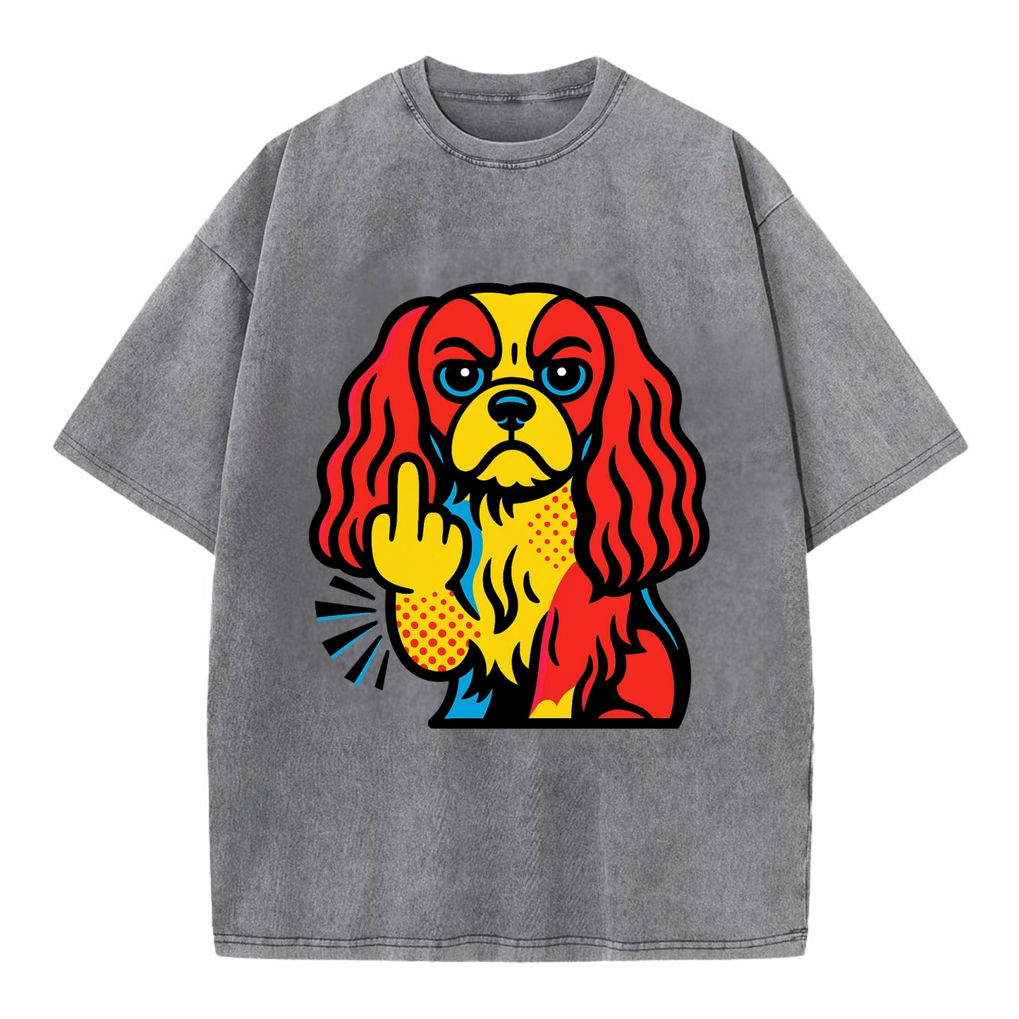 Cavalier King Charles Spaniel with long ears, regal paw giving finger - Vintage T-shirt - Grey