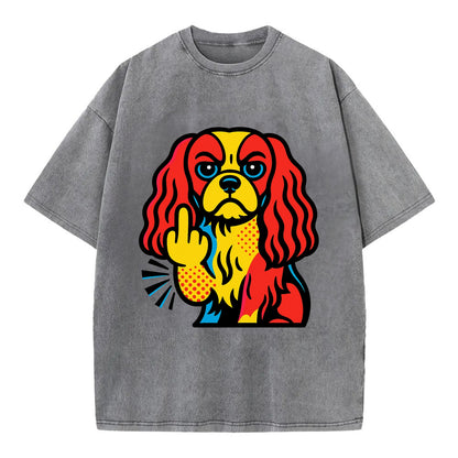 Cavalier King Charles Spaniel with long ears, regal paw giving finger - Vintage T-shirt - Grey
