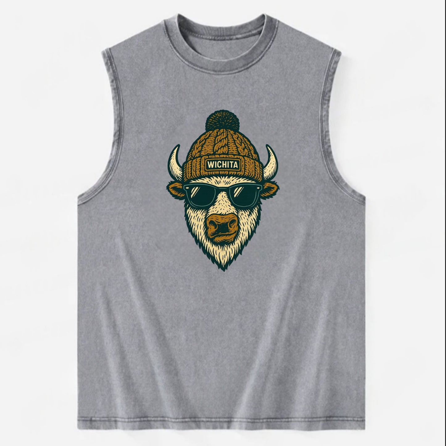 Kansas American Bison wearing Wichita beanie with pom pom and wayfarer - Vintage Washed Tank - Grey