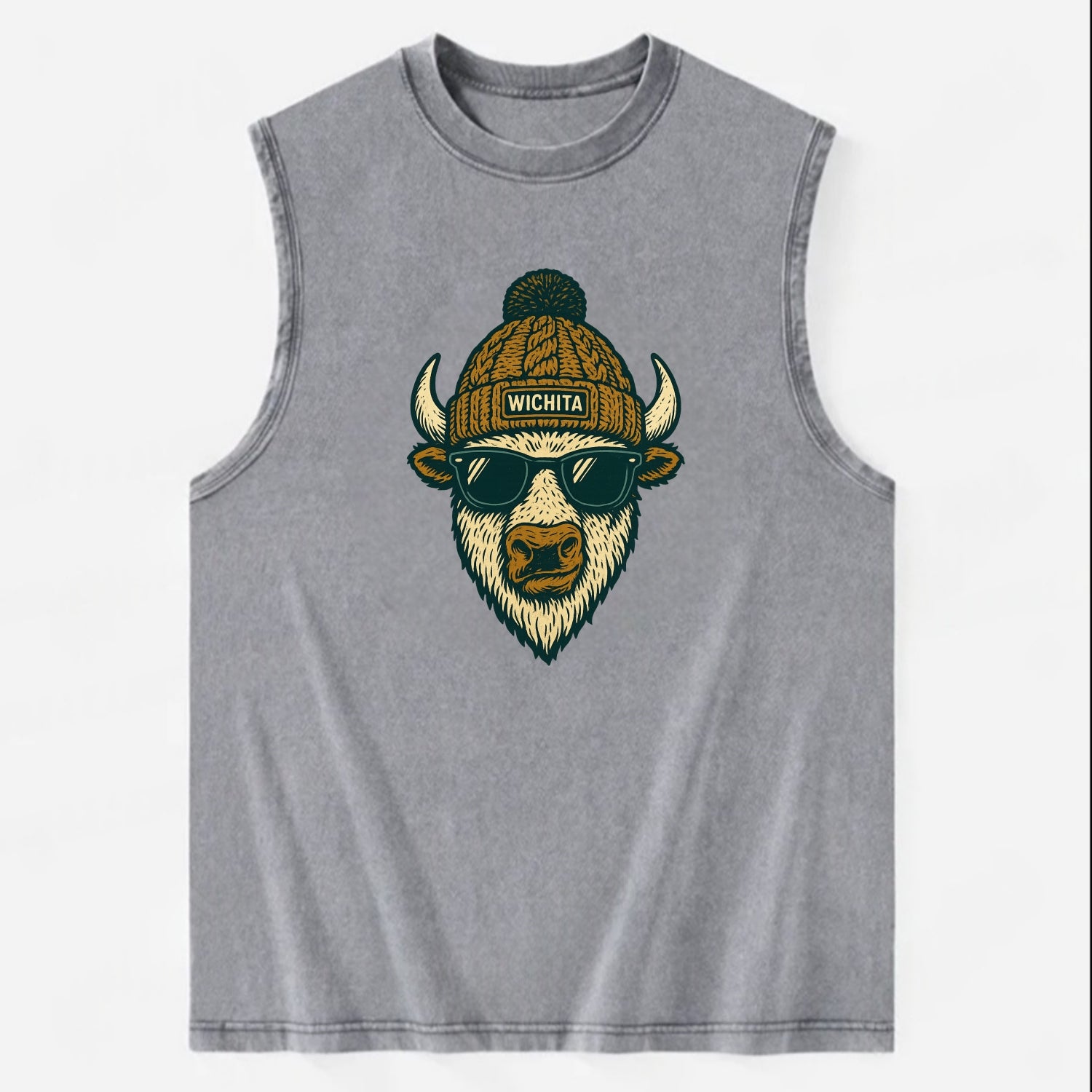 Kansas American Bison wearing Wichita beanie with pom pom and wayfarer - Vintage Washed Tank - Grey