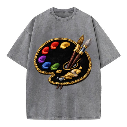 Embroidered patch design - PAINT PALETTE - artist palette with brushes in rainbow - Vintage T-shirt - Grey