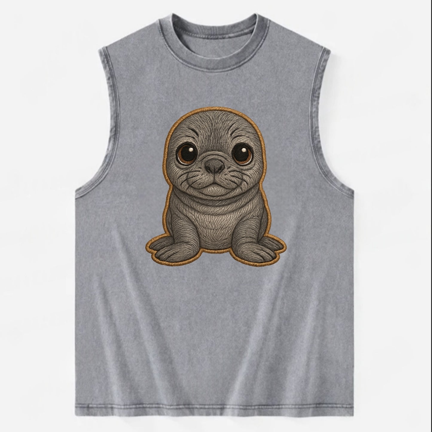 Baby Elephant Seal - gray wrinkly, tiny trunk nose, big dark eyes, - Vintage Washed Tank - Grey