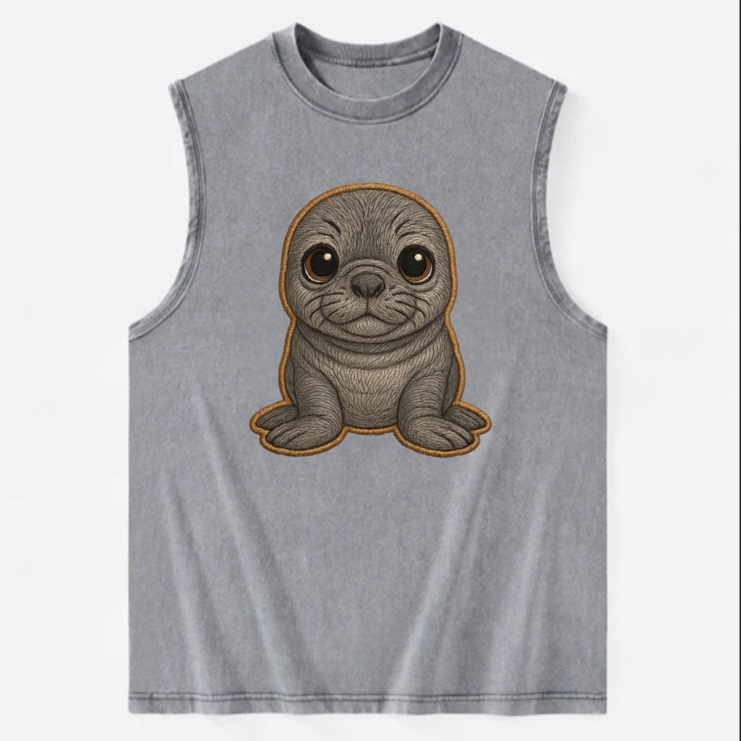 Baby Elephant Seal - gray wrinkly, tiny trunk nose, big dark eyes, - Vintage Washed Tank - Grey