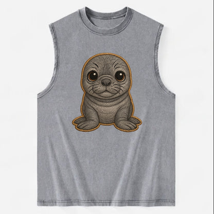 Baby Elephant Seal - gray wrinkly, tiny trunk nose, big dark eyes, - Vintage Washed Tank - Grey