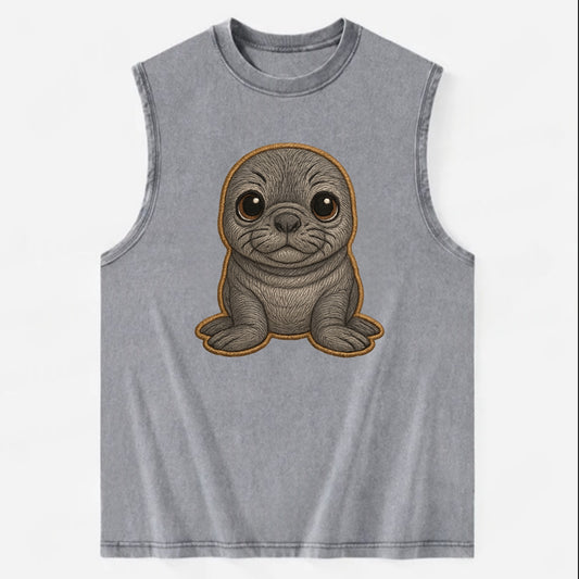 Baby Elephant Seal - gray wrinkly, tiny trunk nose, big dark eyes, - Vintage Washed Tank - Grey