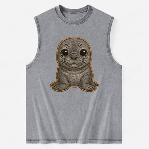Baby Elephant Seal - gray wrinkly, tiny trunk nose, big dark eyes, - Vintage Washed Tank