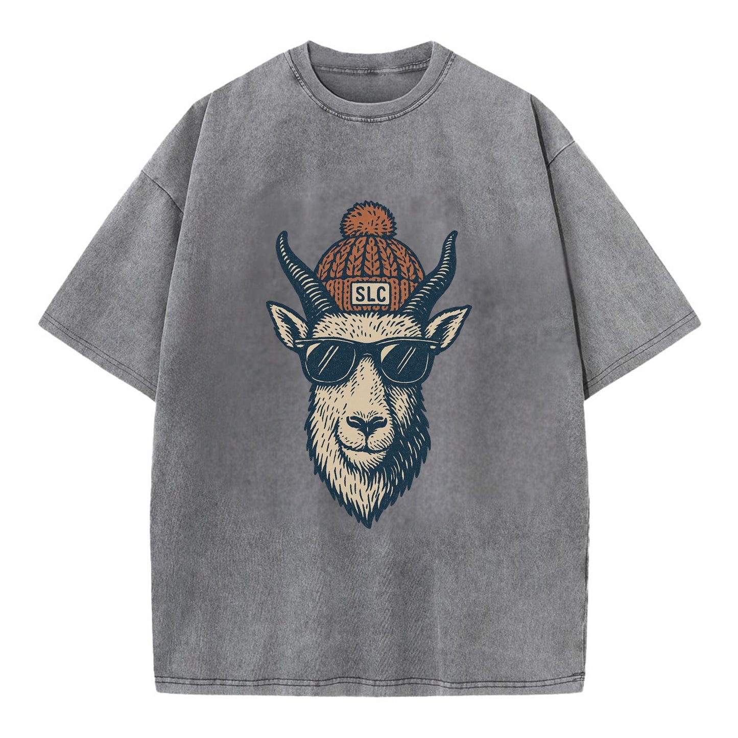 Salt Lake City Mountain Goat wearing SLC beanie with pom pom and wayfarer - Vintage T-shirt - Grey