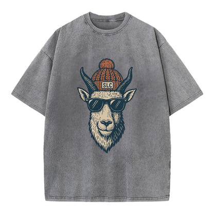 Salt Lake City Mountain Goat wearing SLC beanie with pom pom and wayfarer - Vintage T-shirt - Grey