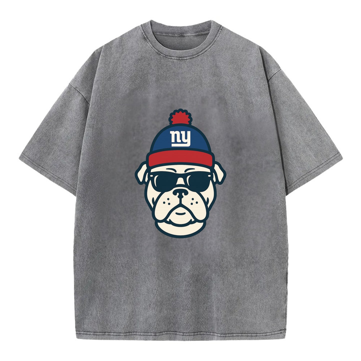 New York Bulldog wearing Giants blue and red beanie with pom pom and wayfarer - Vintage T-shirt - Grey