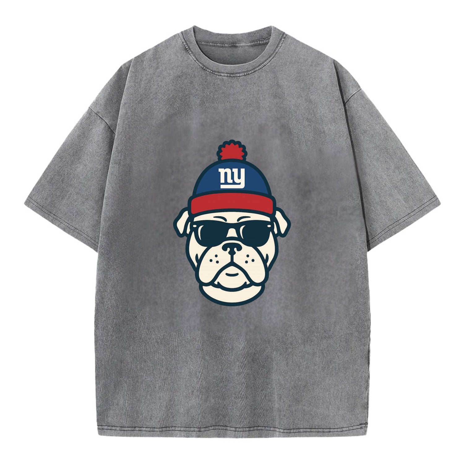 New York Bulldog wearing Giants blue and red beanie with pom pom and wayfarer - Vintage T-shirt - Grey