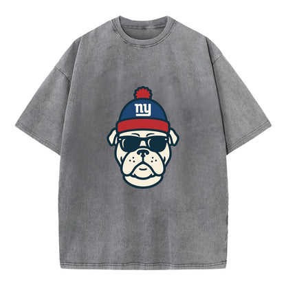 New York Bulldog wearing Giants blue and red beanie with pom pom and wayfarer - Vintage T-shirt - Grey