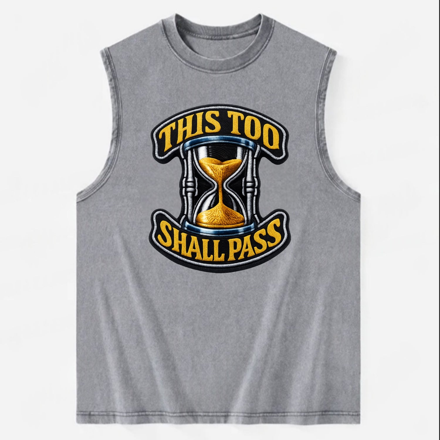THIS TOO SHALL PASS - hourglass with text in gold , perspective - Vintage Washed Tank - Grey