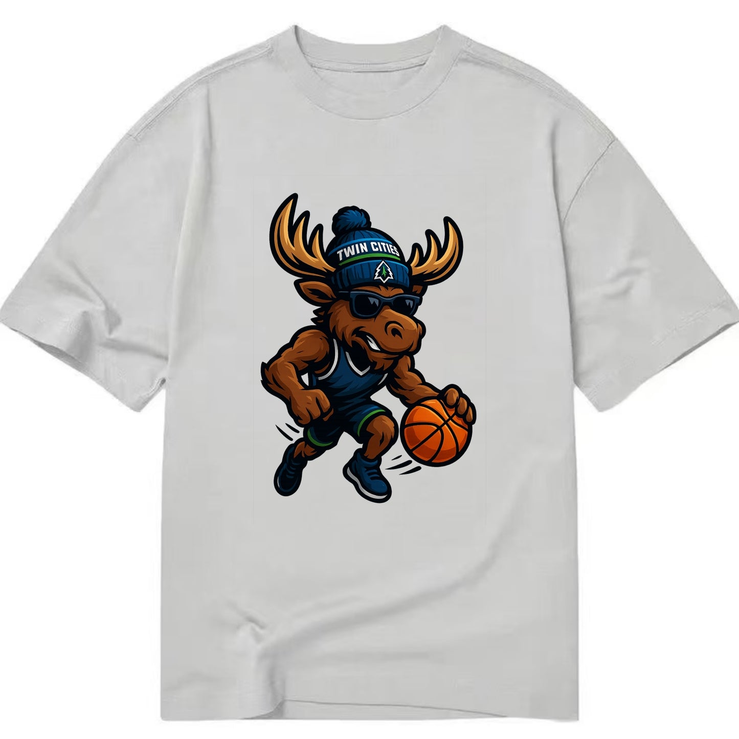 Twin Cities Moose wearing Timberwolves beanie with pine tree patch and wayfarer - Classic T-shirt - Grey