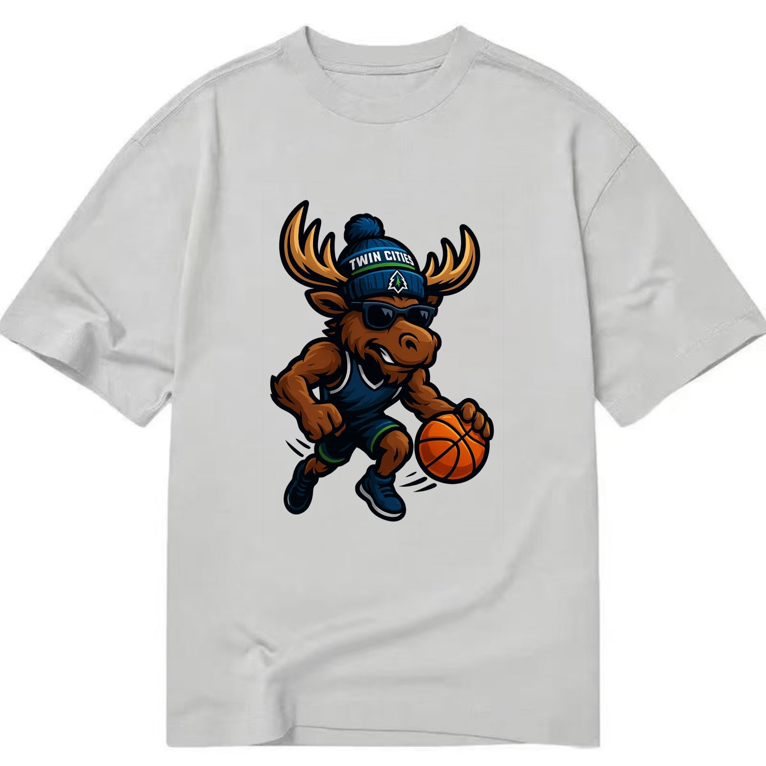 Twin Cities Moose wearing Timberwolves beanie with pine tree patch and wayfarer - Classic T-shirt - Grey