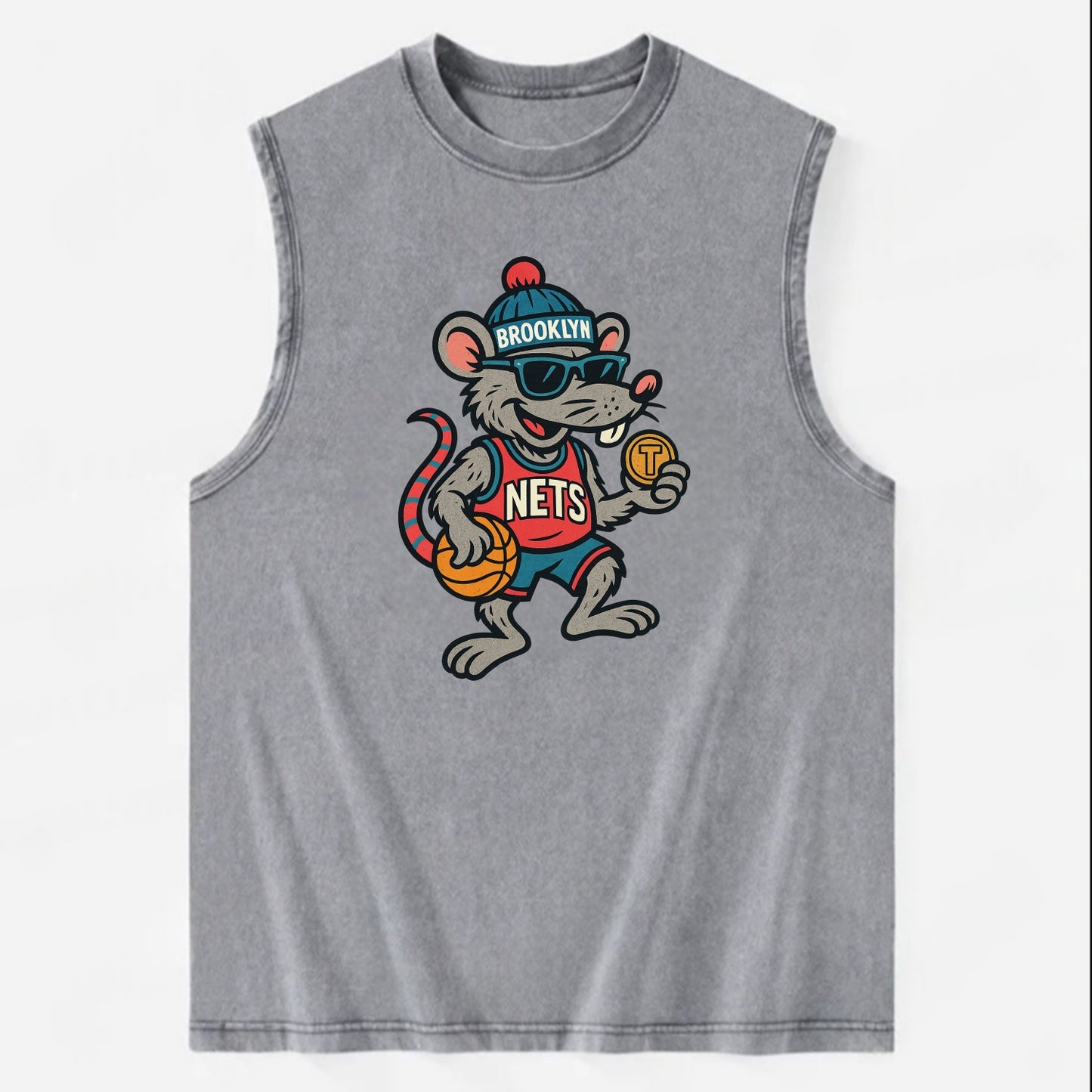 Brooklyn Rat wearing Nets beanie with subway token and wayfarer sunglasses - Vintage Washed Tank - Grey