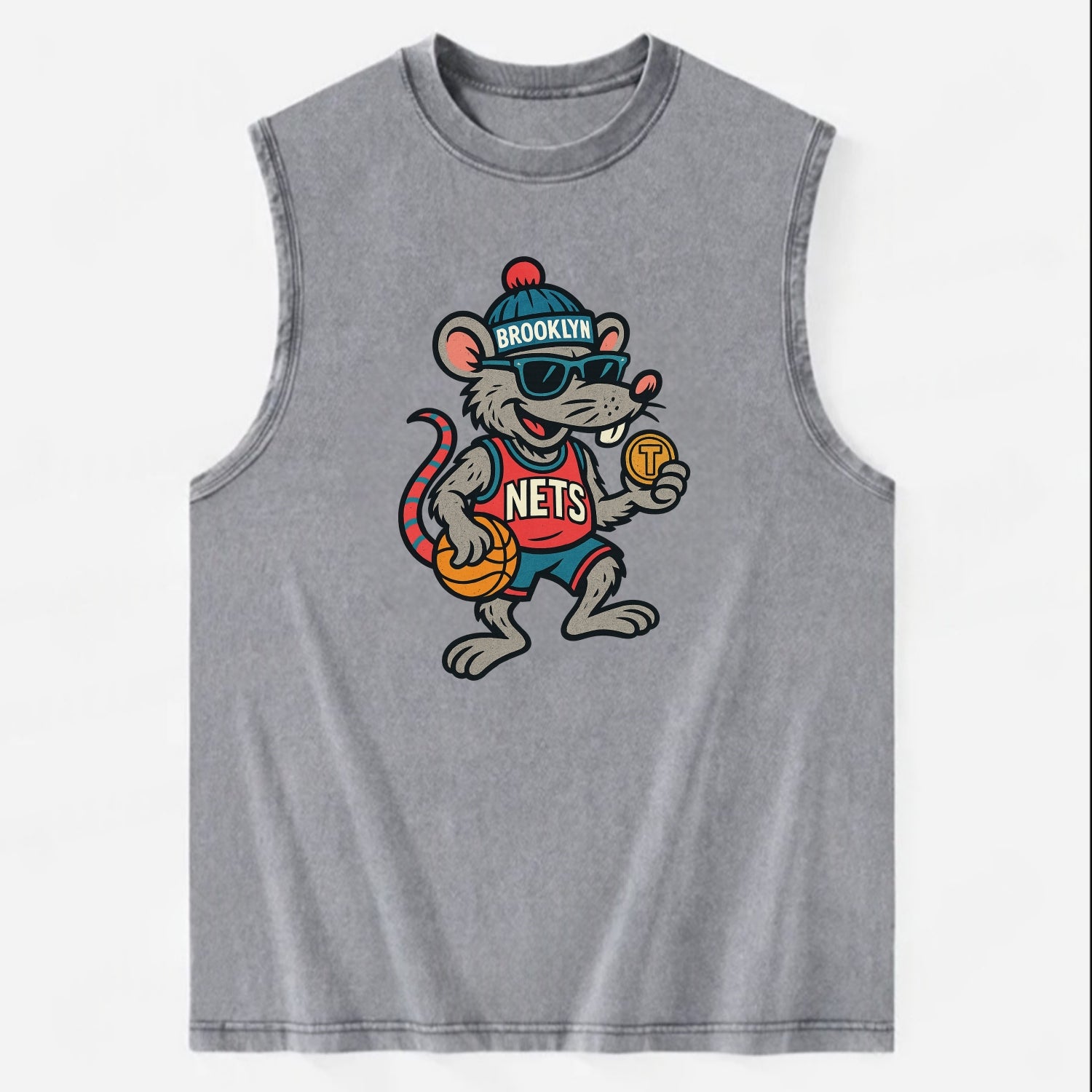 Brooklyn Rat wearing Nets beanie with subway token and wayfarer sunglasses - Vintage Washed Tank - Grey