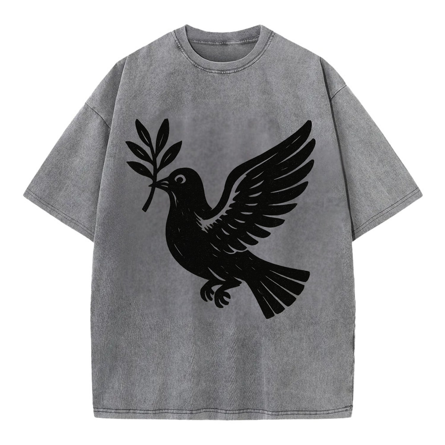 Dove carrying olive branch - peace movement ink painting - Vintage T-shirt - Grey
