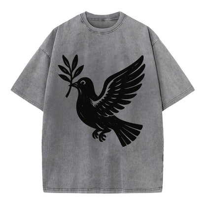 Dove carrying olive branch - peace movement ink painting - Vintage T-shirt - Grey