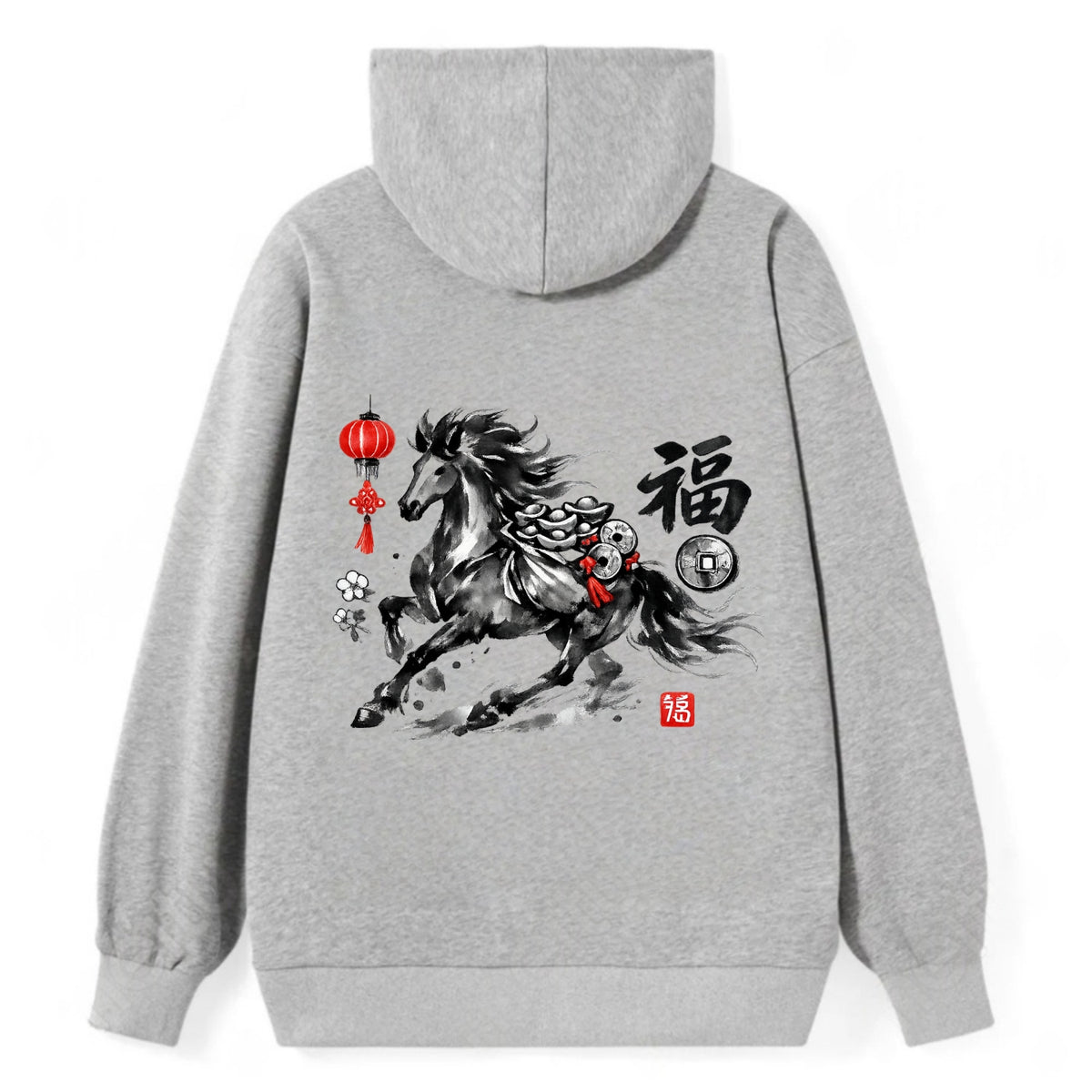 PROSPERITY HORSE | Horse carrying gold ingots and coins | Chinese knot - Classic Pullover Hoodie - Grey