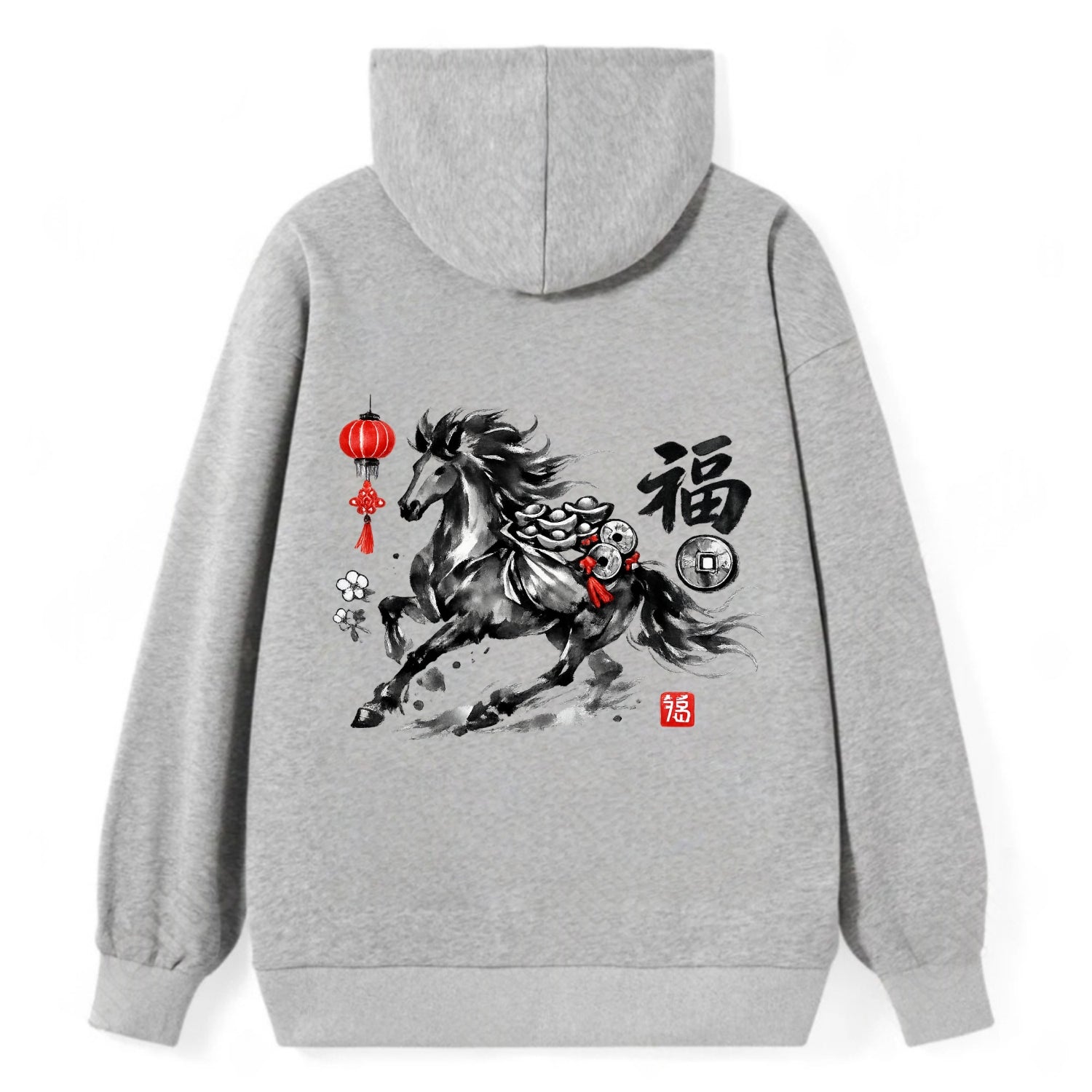 PROSPERITY HORSE | Horse carrying gold ingots and coins | Chinese knot - Classic Pullover Hoodie - Grey