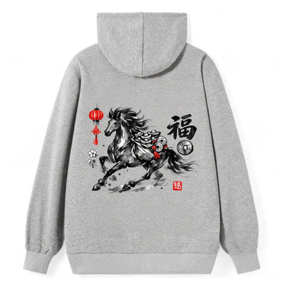 PROSPERITY HORSE | Horse carrying gold ingots and coins | Chinese knot - Classic Pullover Hoodie - Grey