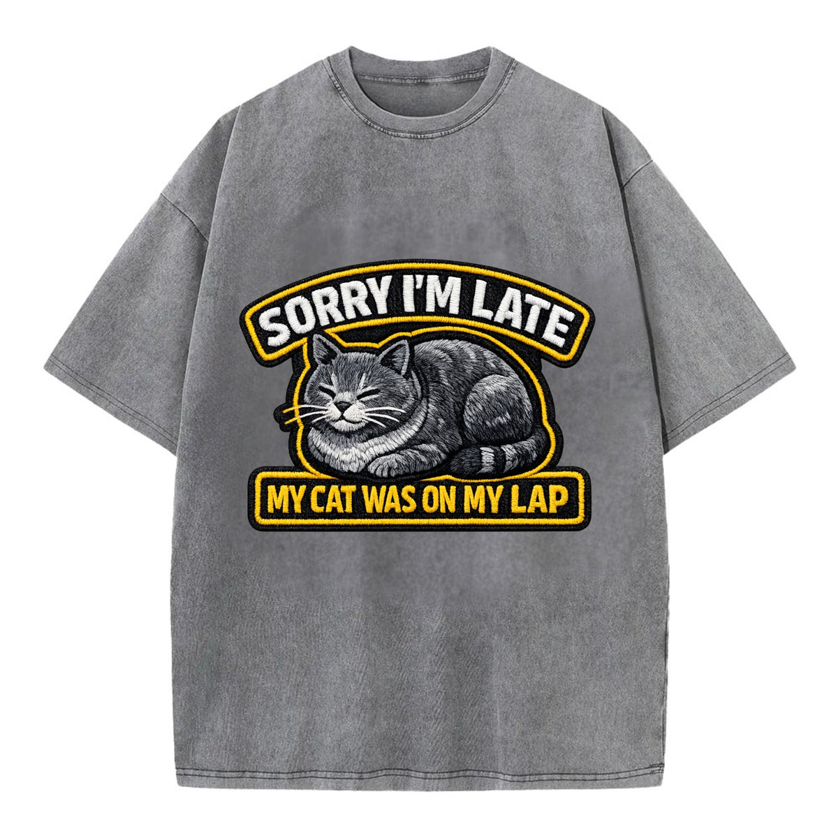 SORRY IM LATE MY CAT WAS ON MY LAP - cat loaf in gray , valid excuse - Vintage T-shirt - Grey