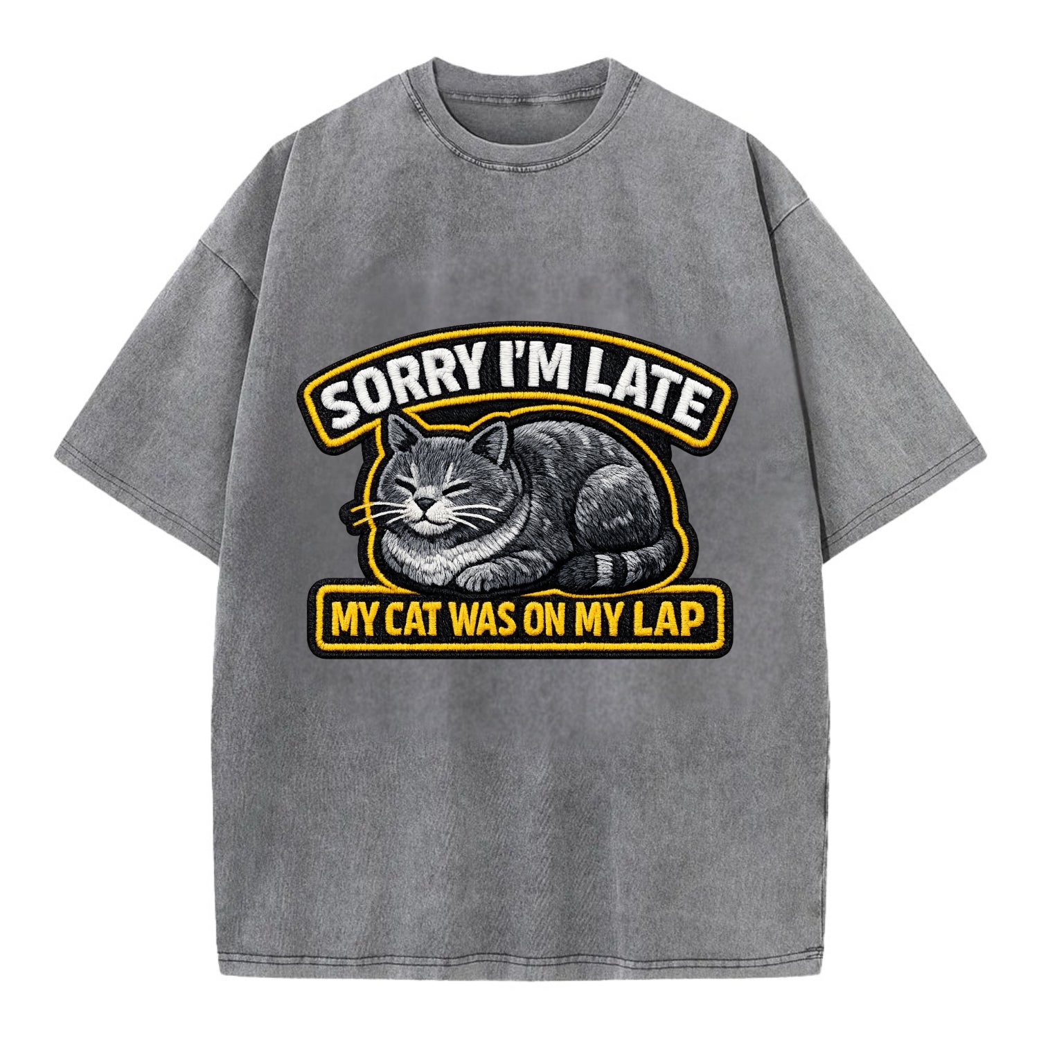 SORRY IM LATE MY CAT WAS ON MY LAP - cat loaf in gray , valid excuse - Vintage T-shirt - Grey