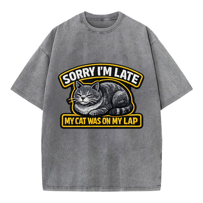 SORRY IM LATE MY CAT WAS ON MY LAP - cat loaf in gray , valid excuse - Vintage T-shirt - Grey