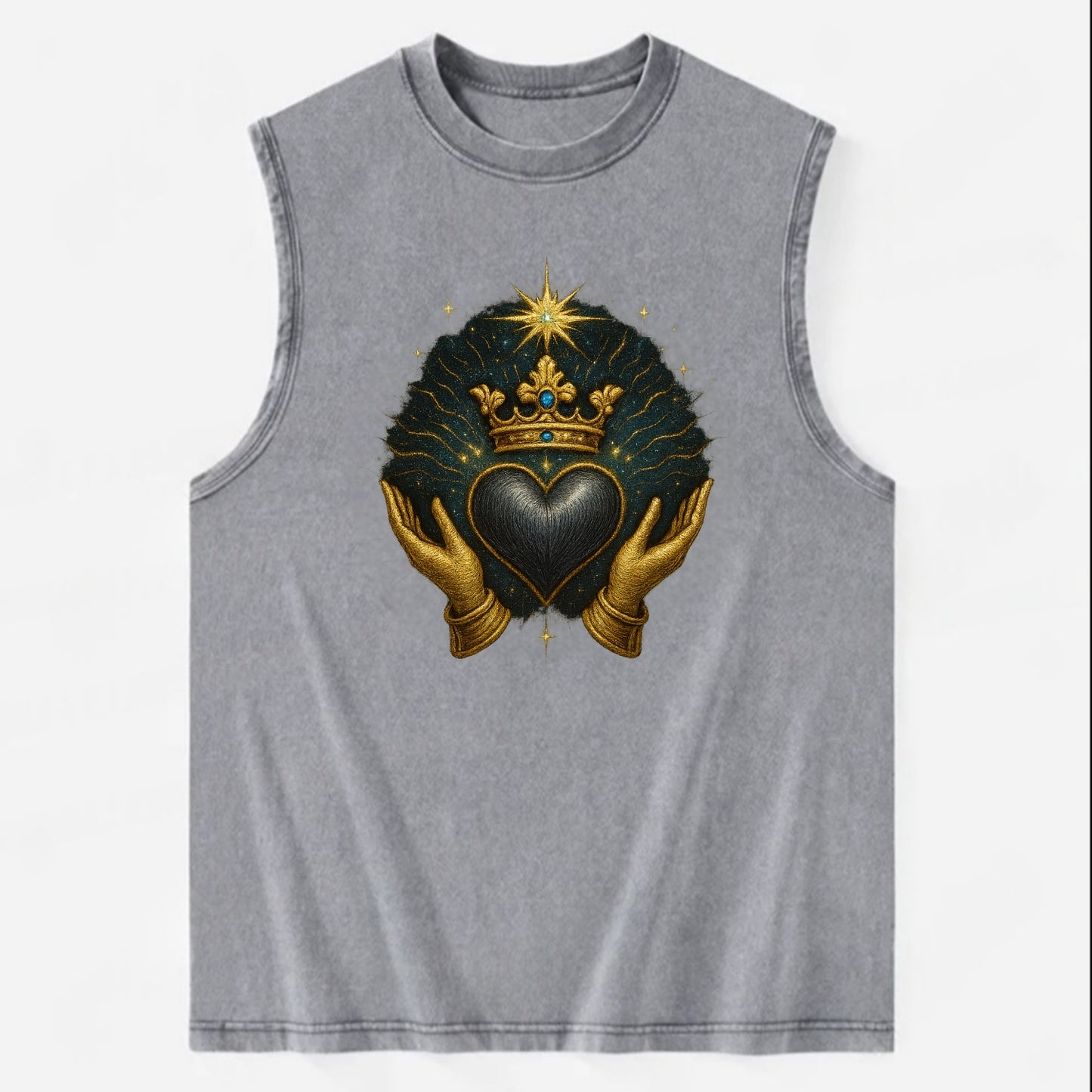 Pearl-studded tiara atop a satin-gunmetal heart supported by elegant - Vintage Washed Tank - Grey