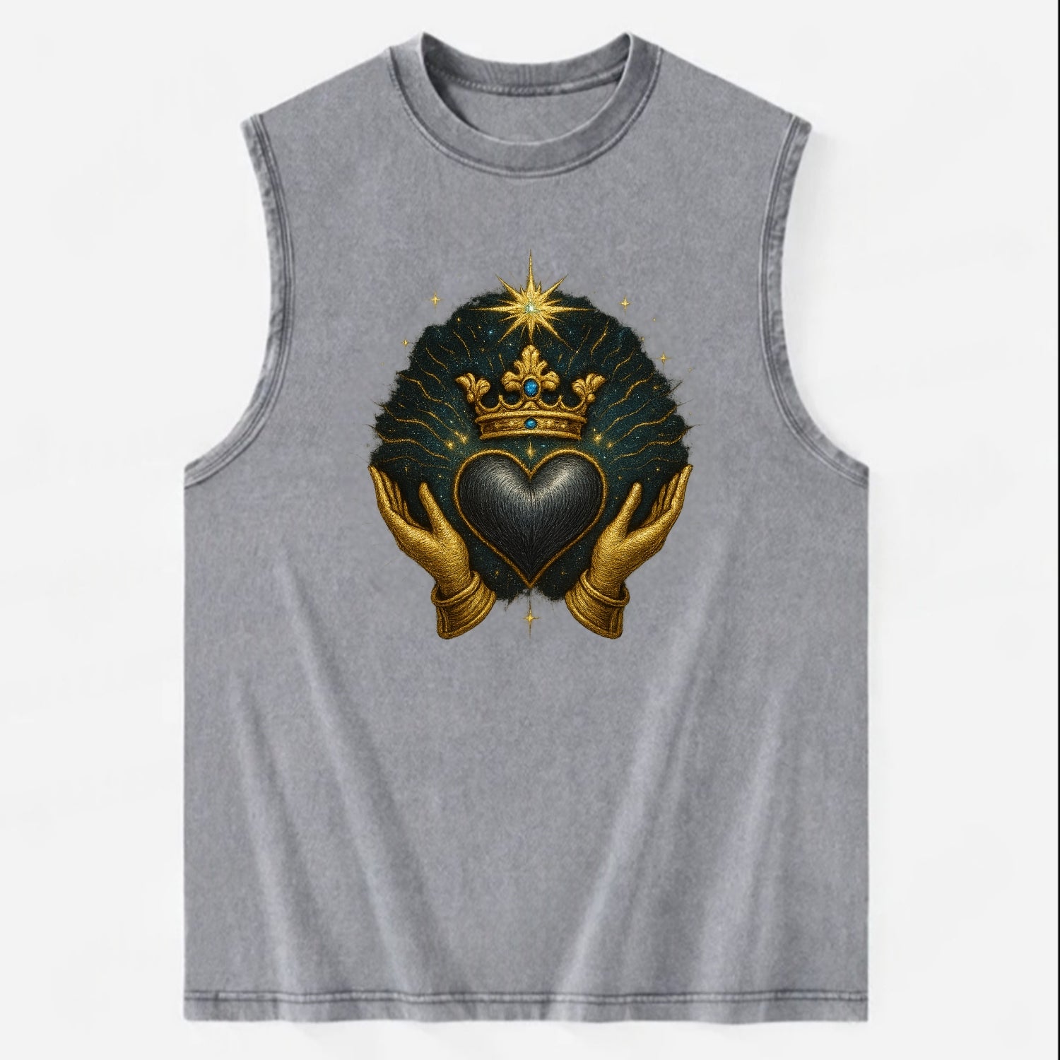 Pearl-studded tiara atop a satin-gunmetal heart supported by elegant - Vintage Washed Tank - Grey
