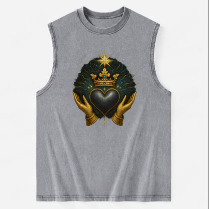 Pearl-studded tiara atop a satin-gunmetal heart supported by elegant - Vintage Washed Tank - Grey