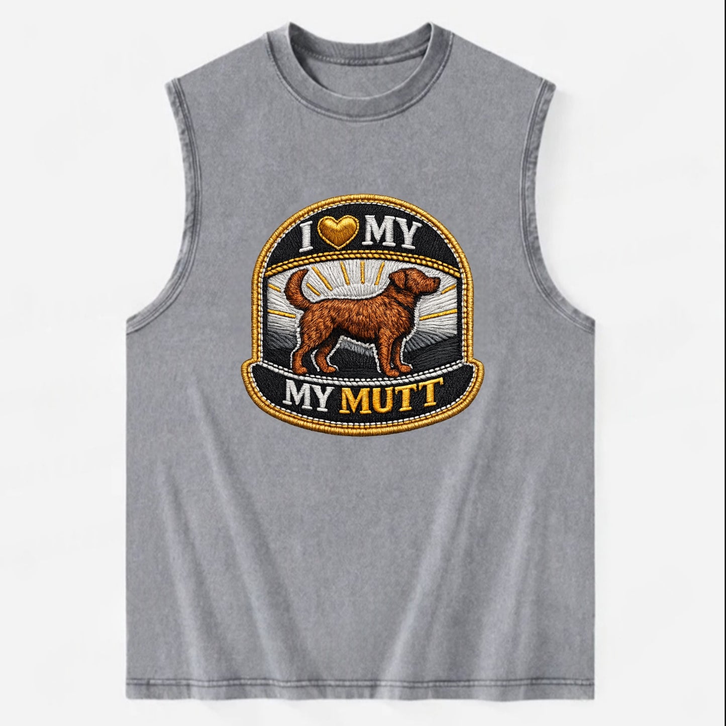 I LOVE MY MUTT - mixed breed silhouette in brown , rescue pride - Vintage Washed Tank - Grey