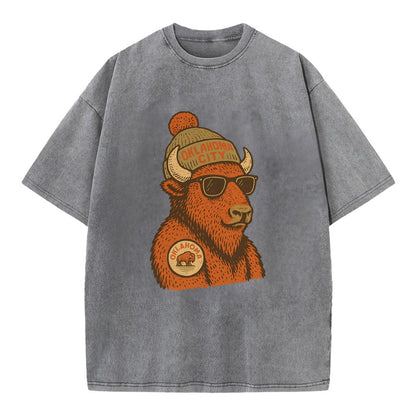 Oklahoma Buffalo wearing Oklahoma City beanie with pom pom and wayfarer sunglasses - Vintage T-shirt - Grey
