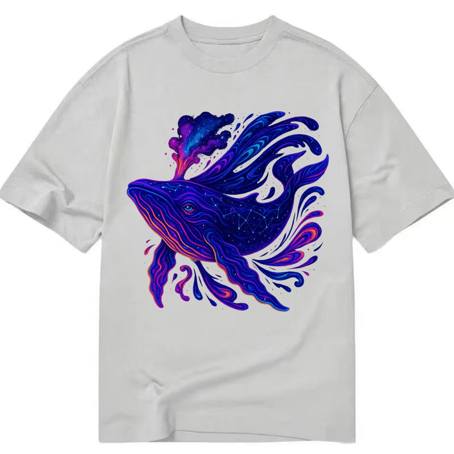 Majestic whale with body composed of galaxy clusters, stellar fins flowing like - Classic T-shirt - Grey