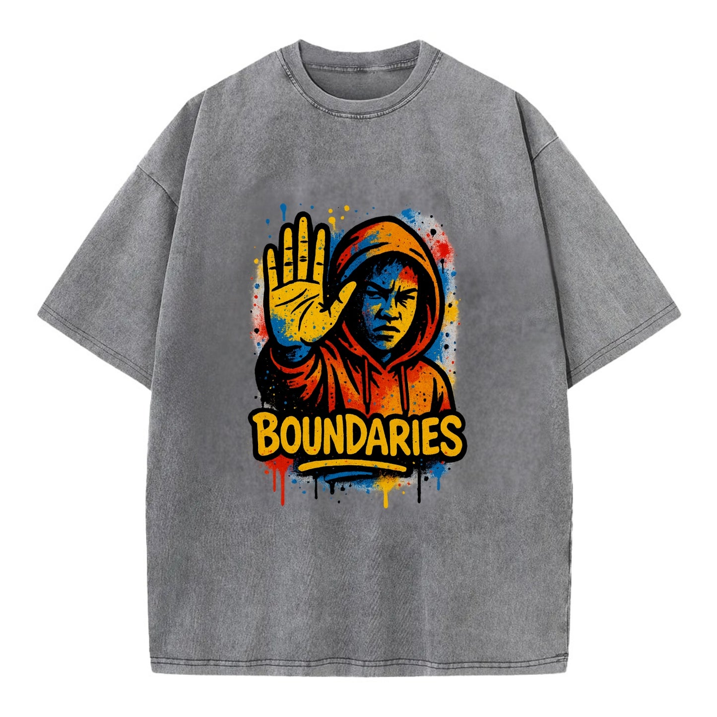 Person holding up hand in "stop" gesture - setting boundaries concept, - Vintage T-shirt - Grey