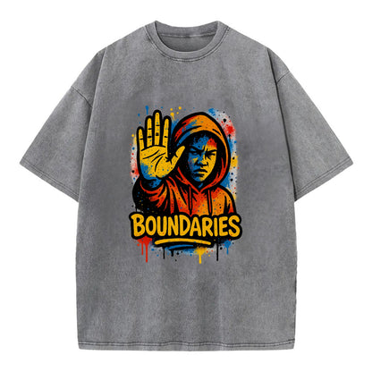 Person holding up hand in "stop" gesture - setting boundaries concept, - Vintage T-shirt - Grey