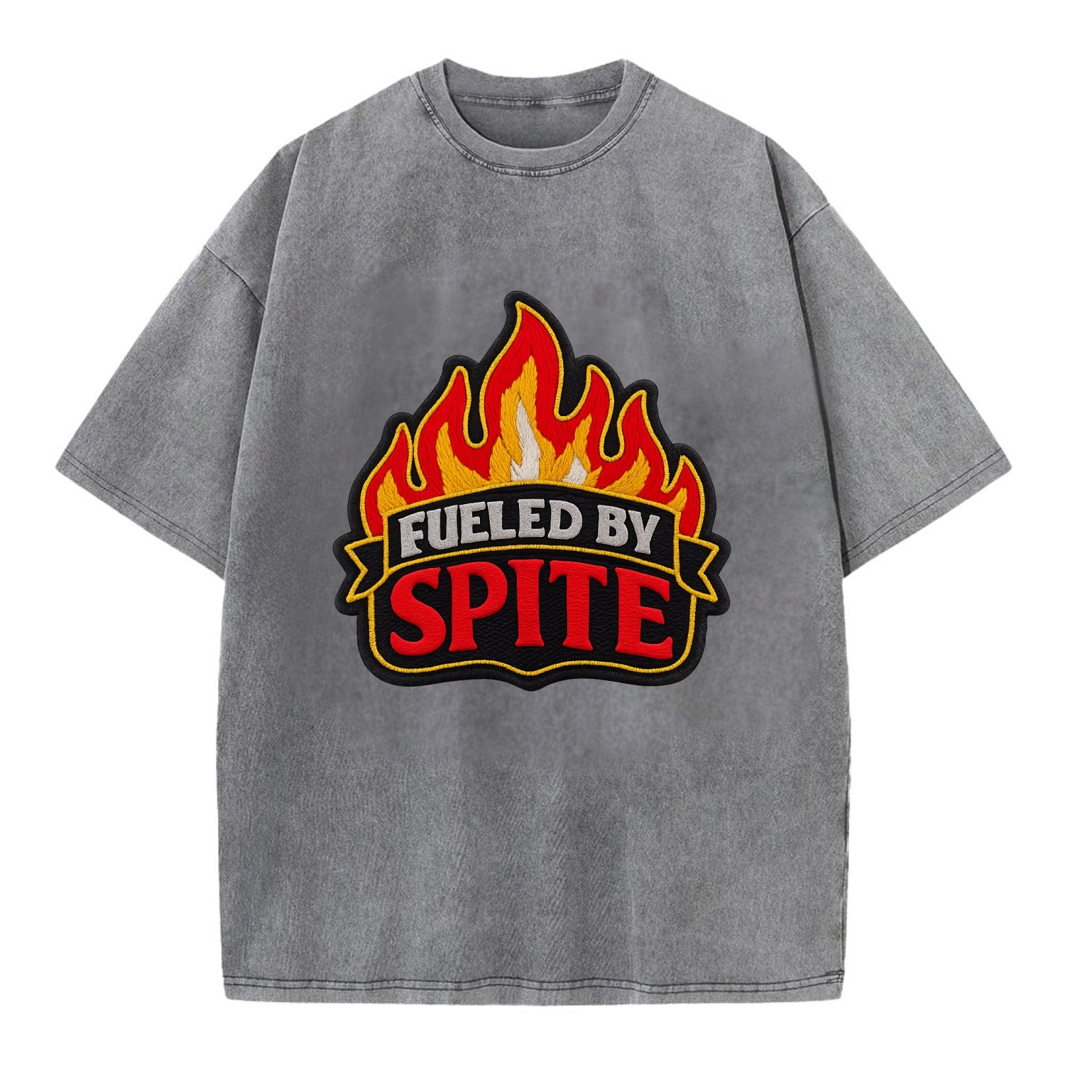 FUELED BY SPITE - fire with text in black and red , petty motivation - Vintage T-shirt - Grey